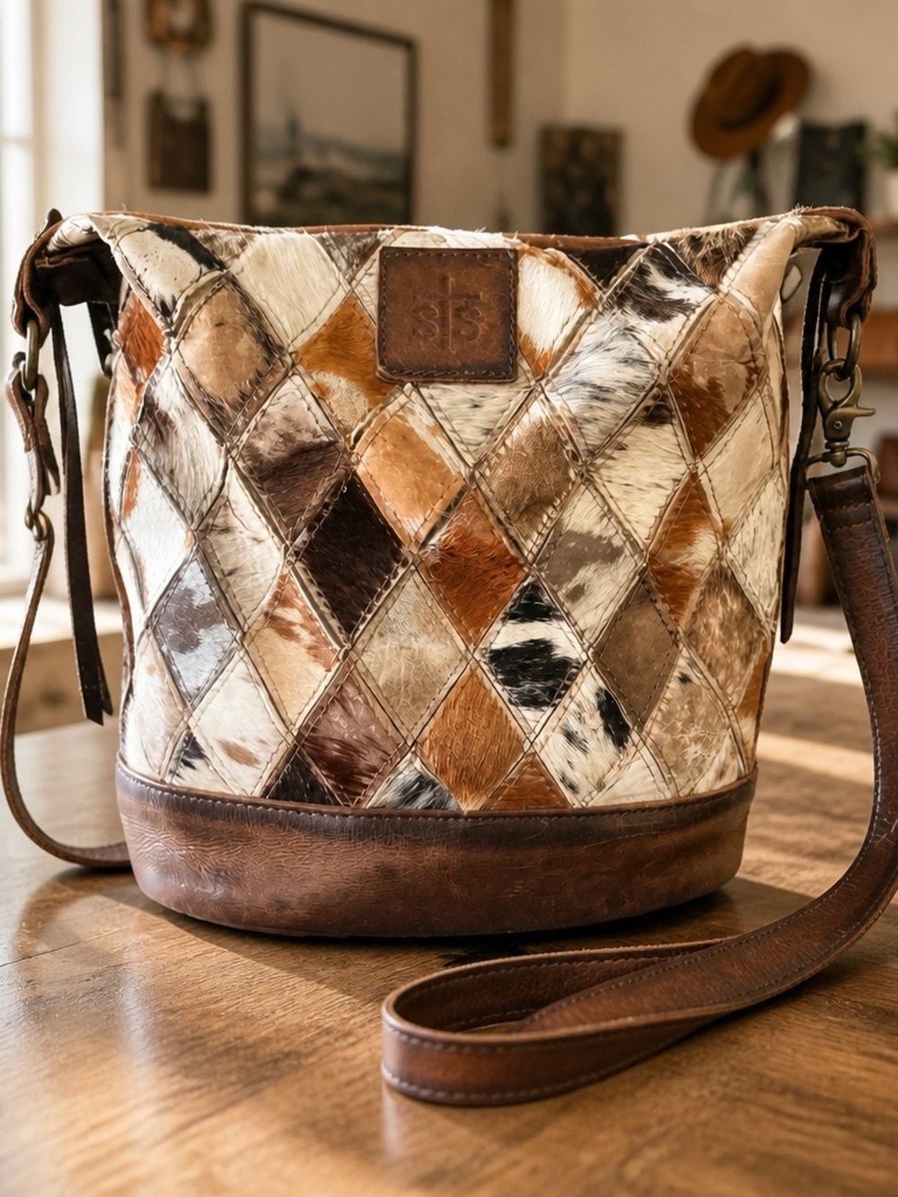 STS Ranchwear Brown Multi Patchwork Cowhide Crossbody Bucket Bag